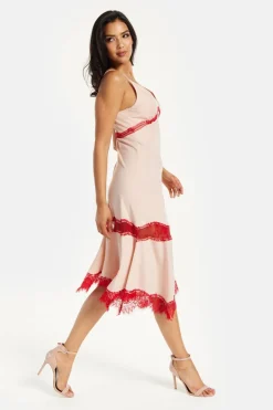 Elegant Pink Midi Dress With Lace Details by Liquorish