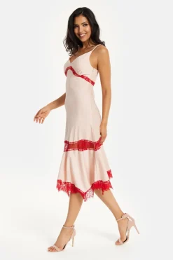 Elegant Pink Midi Dress With Lace Details by Liquorish