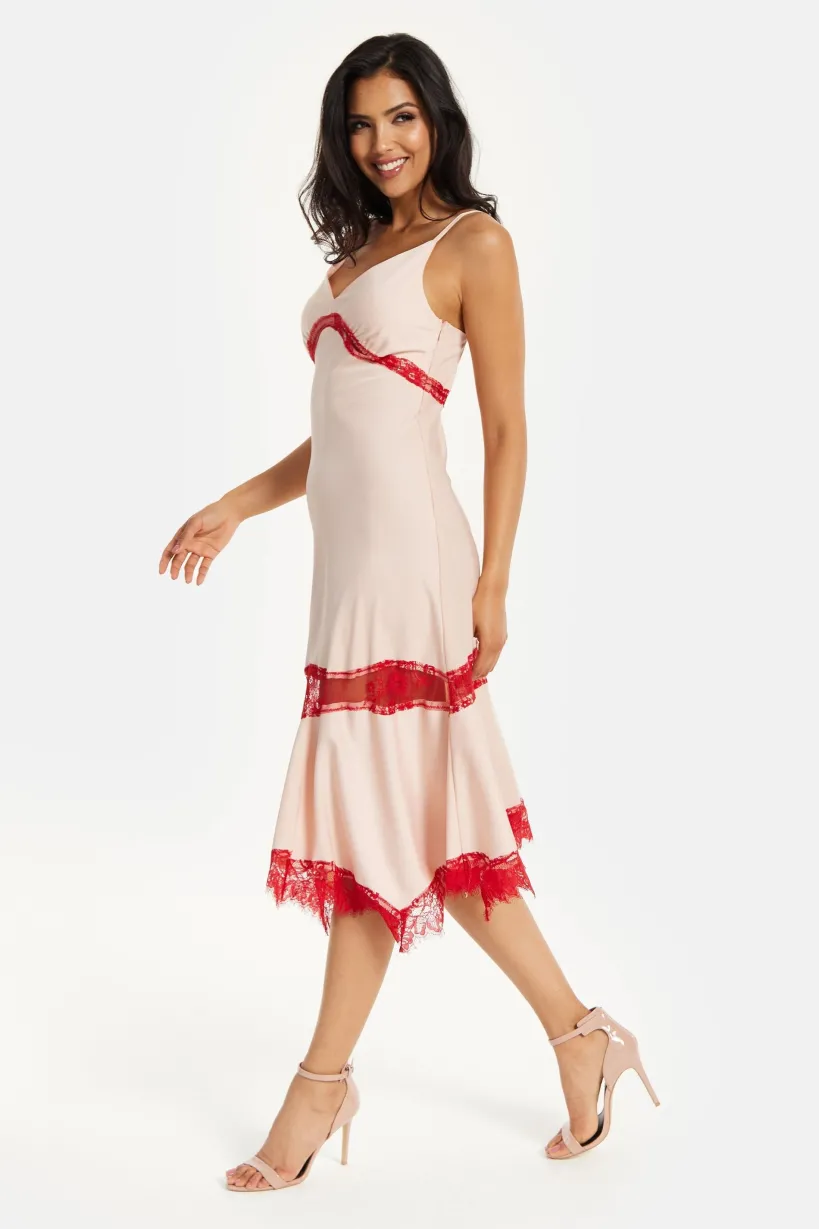 Elegant Pink Midi Dress With Lace Details by Liquorish