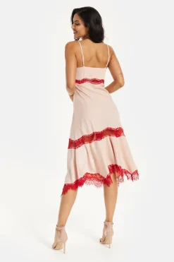Elegant Pink Midi Dress With Lace Details by Liquorish