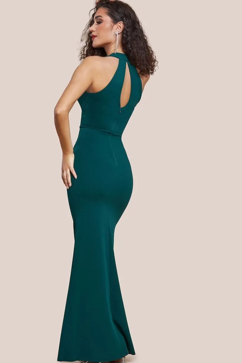 Embellished Diamante Bow Mermaid Halter Neck Maxi Dress - Emerald by Goddiva