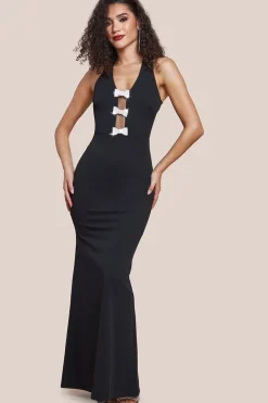 Embellished Diamante Bow Mermaid Halter Neck Maxi Dress - Black by Goddiva