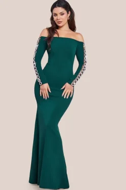 Embellished Diamante Sleeve Bardot Maxi Dress - Emerald Green by Goddiva