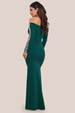 Embellished Diamante Sleeve Bardot Maxi Dress - Emerald Green by Goddiva