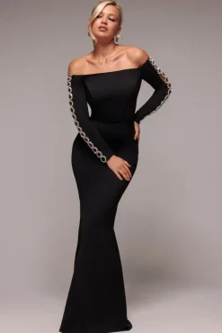 Embellished Diamante Sleeve Bardot Maxi Dress - Black by Goddiva