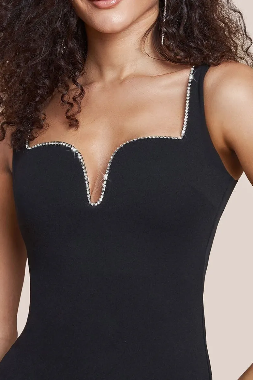 Embellished Diamante Trim Square Neck Scuba Maxi Dress - Black by Goddiva