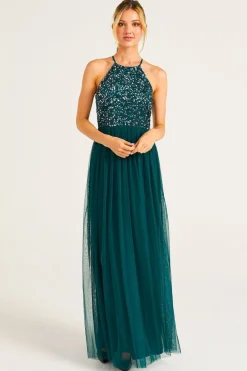 Embellished Halter Neck Maxi Dress In Emerald Green by Angeleye