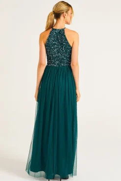 Embellished Halter Neck Maxi Dress In Emerald Green by Angeleye