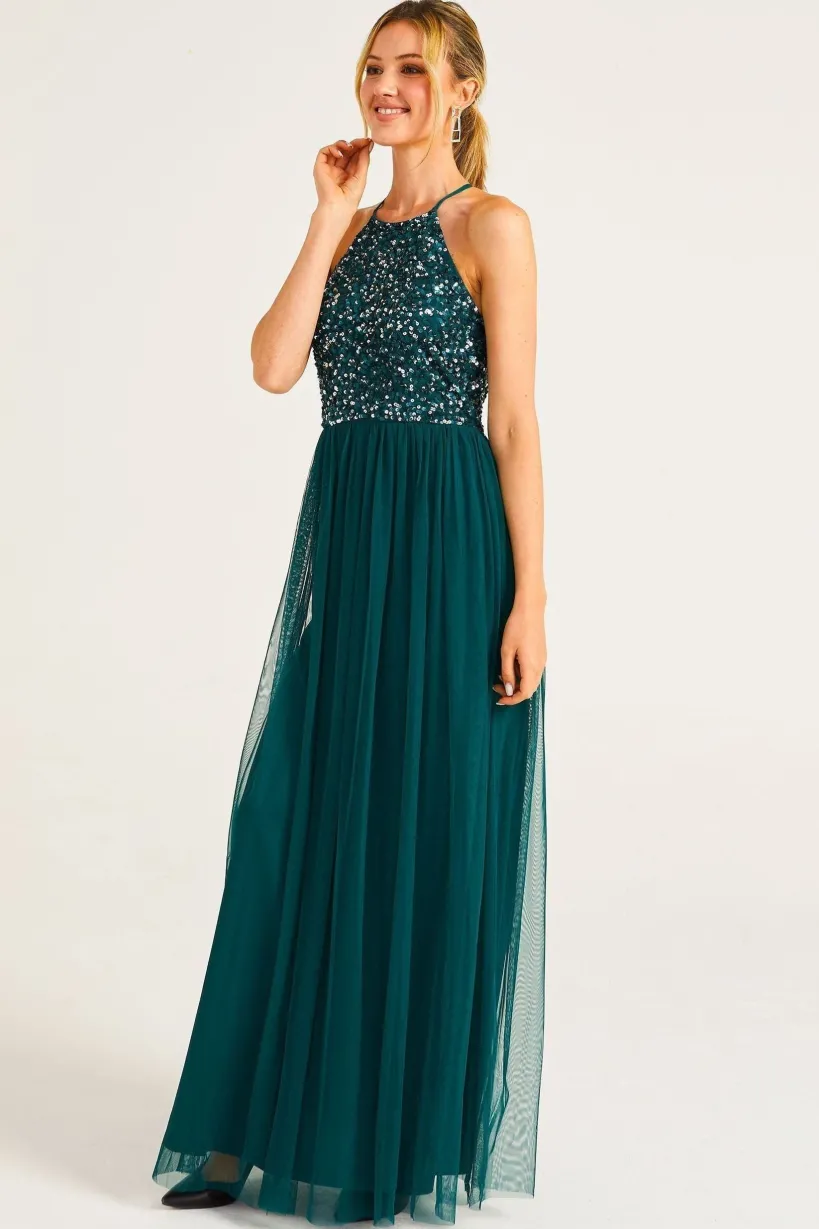 Embellished Halter Neck Maxi Dress In Emerald Green by Angeleye