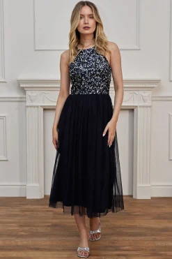Embellished Halterneck Sequin Midi Dress In Navy by Angeleye