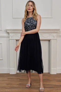 Embellished Halterneck Sequin Midi Dress In Navy by Angeleye