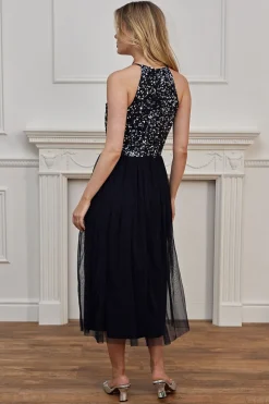 Embellished Halterneck Sequin Midi Dress In Navy by Angeleye
