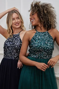 Embellished Halterneck Sequin Midi Dress In Navy by Angeleye