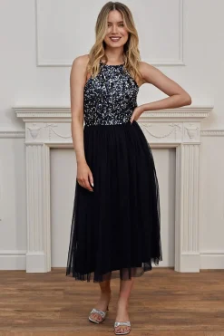 Embellished Halterneck Sequin Midi Dress In Navy by Angeleye