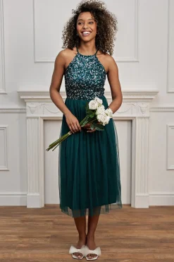Embellished Halterneck Sequin Midi Dress In Emerald Green by Angeleye