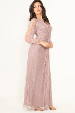 Embellished Long Mesh Sleeve Maxi Dress In Lavender by Angeleye