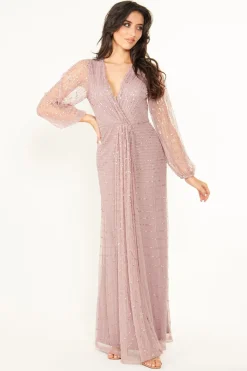 Embellished Long Mesh Sleeve Maxi Dress In Lavender by Angeleye