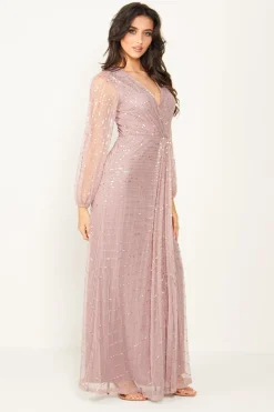 Embellished Long Mesh Sleeve Maxi Dress In Lavender by Angeleye