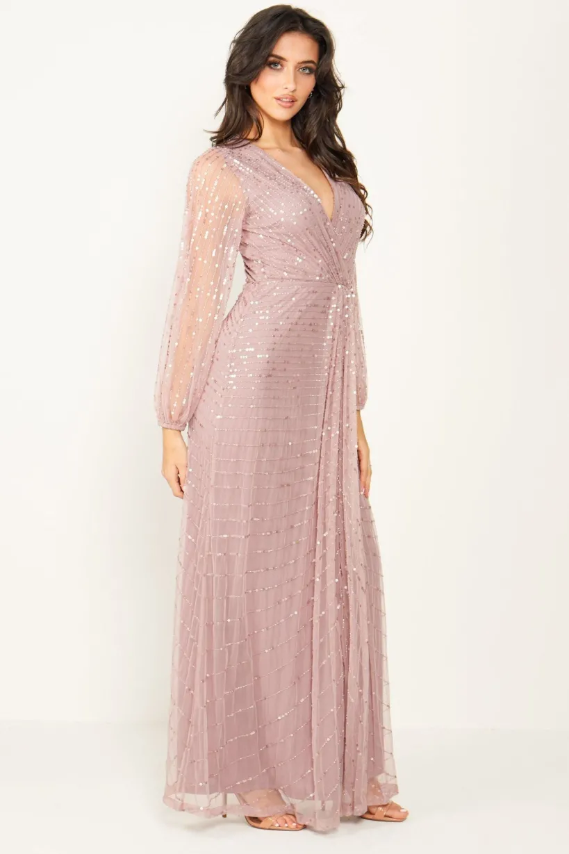 Embellished Long Mesh Sleeve Maxi Dress In Lavender by Angeleye
