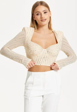 Embellished Nude Long Sleeve Crop Top by Liquorish