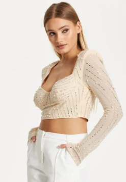 Embellished Nude Long Sleeve Crop Top by Liquorish