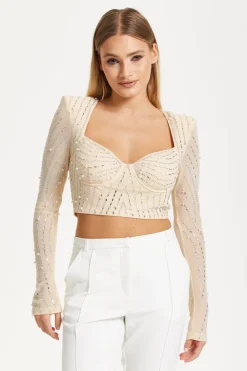 Embellished Nude Long Sleeve Crop Top by Liquorish