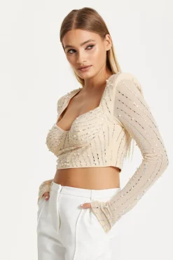 Embellished Nude Long Sleeve Crop Top by Liquorish