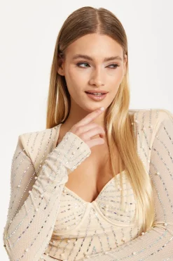 Embellished Nude Long Sleeve Crop Top by Liquorish