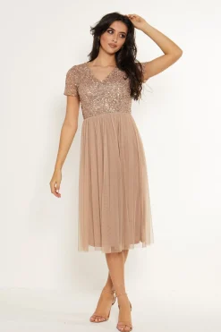 Embellished Sequin Baby Doll Midi Dress In Taupe by Angeleye