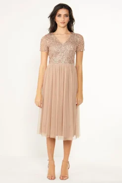 Embellished Sequin Baby Doll Midi Dress In Taupe by Angeleye