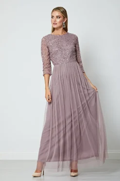 Embellished Sequin Long Sleeve Maxi Dress In Lavender by Angeleye