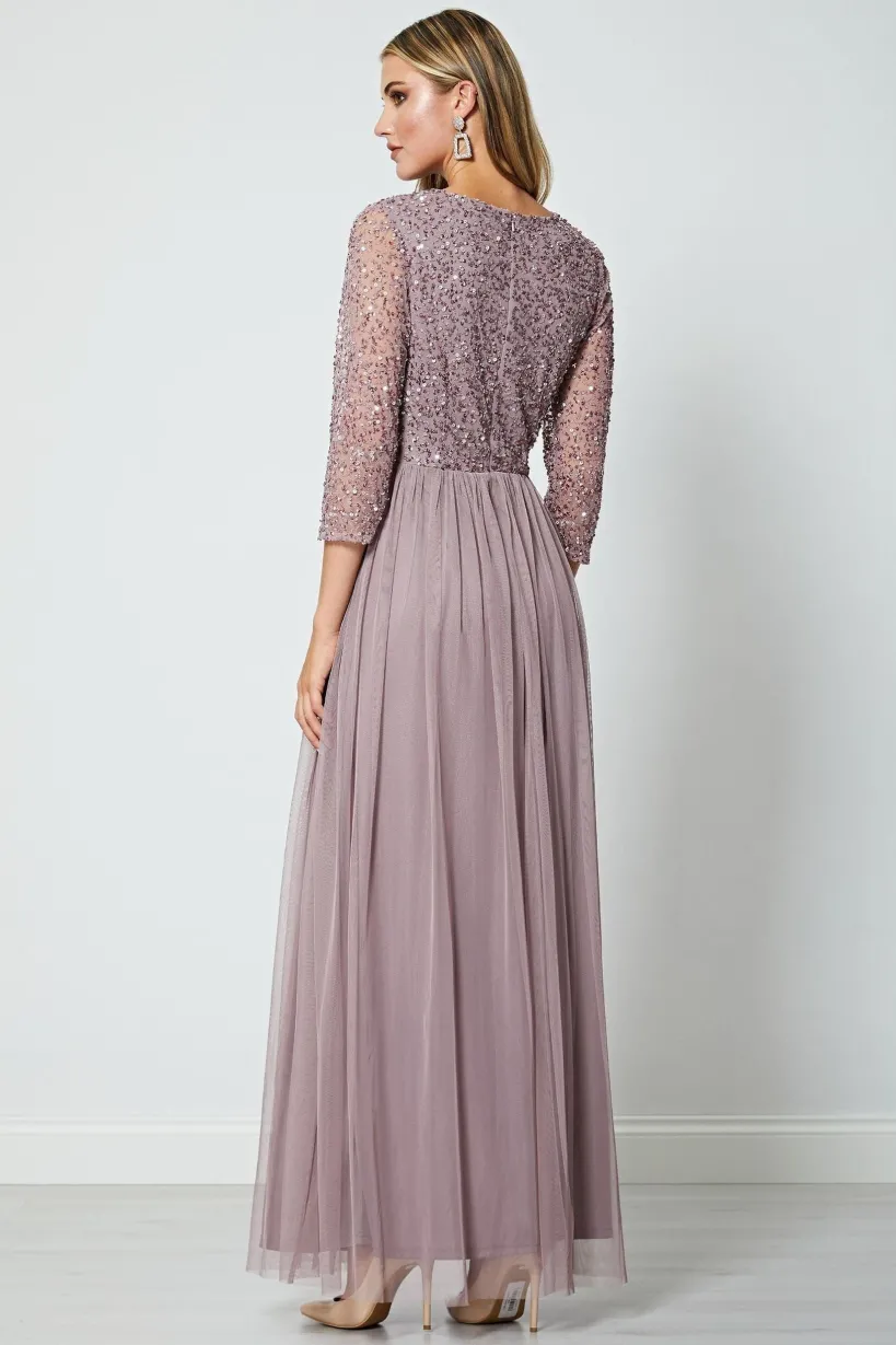 Embellished Sequin Long Sleeve Maxi Dress In Lavender by Angeleye