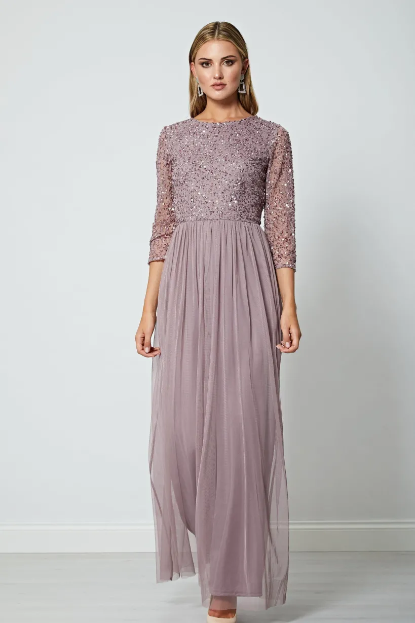 Embellished Sequin Long Sleeve Maxi Dress In Lavender by Angeleye