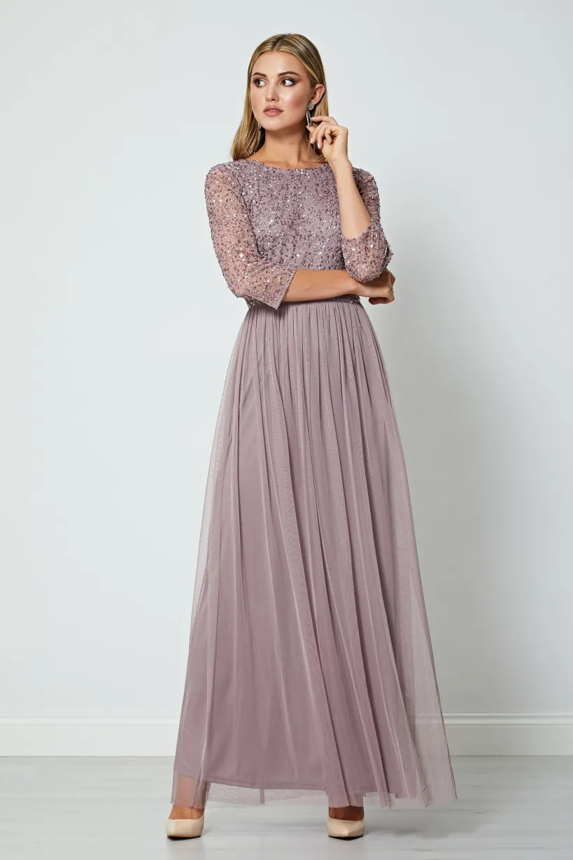 Embellished Sequin Long Sleeve Maxi Dress In Lavender by Angeleye