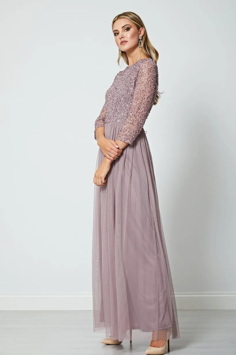 Embellished Sequin Long Sleeve Maxi Dress In Lavender by Angeleye