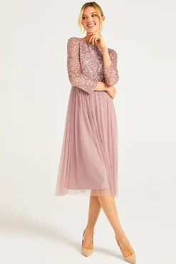Embellished Sequin Long Sleeve Midi Dress In Lavender by Angeleye