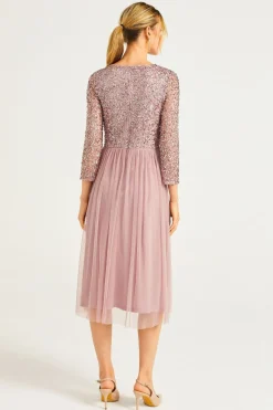 Embellished Sequin Long Sleeve Midi Dress In Lavender by Angeleye