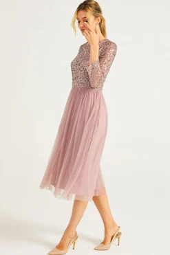 Embellished Sequin Long Sleeve Midi Dress In Lavender by Angeleye