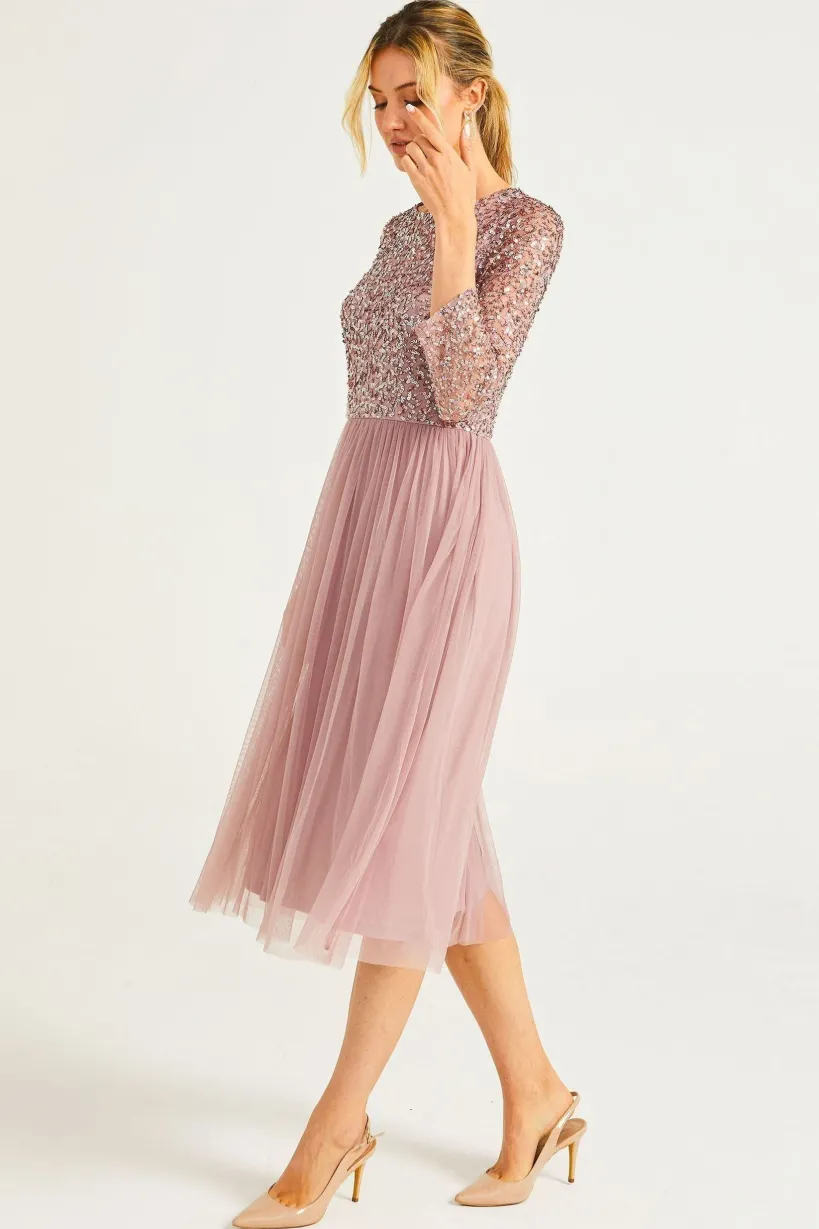 Embellished Sequin Long Sleeve Midi Dress In Lavender by Angeleye
