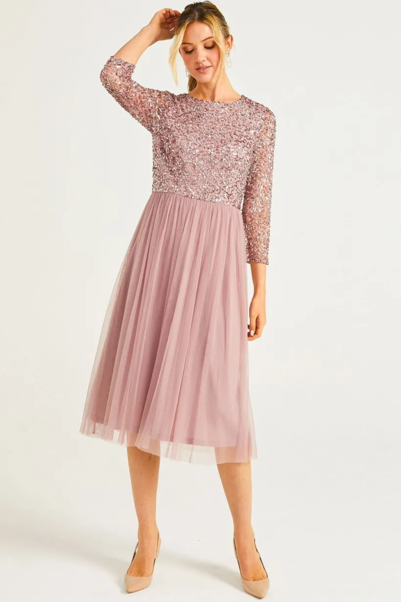 Embellished Sequin Long Sleeve Midi Dress In Lavender by Angeleye