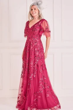 Embroidered Flared Sleeve Maxi Dress - Magenta by Goddiva
