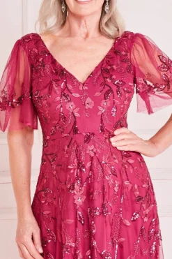 Embroidered Flared Sleeve Maxi Dress - Magenta by Goddiva