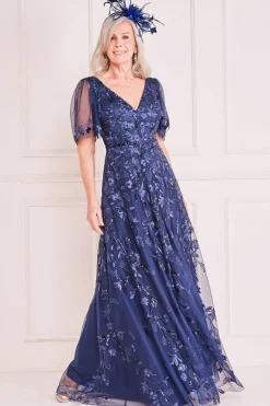Embroidered Flared Sleeve Maxi - Navy by Goddiva