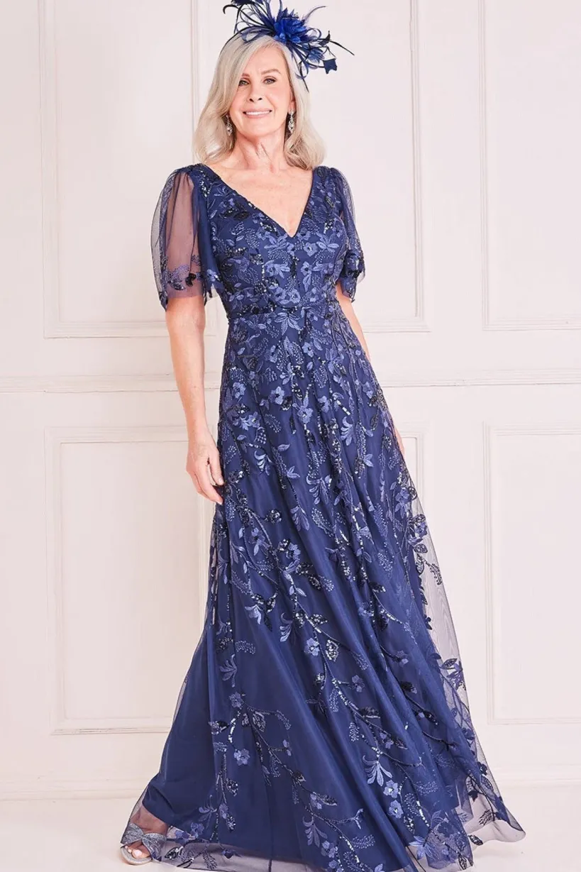 Embroidered Flared Sleeve Maxi - Navy by Goddiva