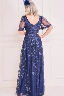 Embroidered Flared Sleeve Maxi - Navy by Goddiva