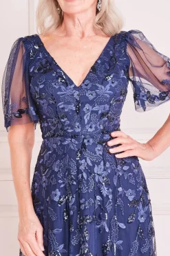 Embroidered Flared Sleeve Maxi - Navy by Goddiva