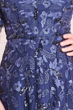 Embroidered Flared Sleeve Maxi - Navy by Goddiva