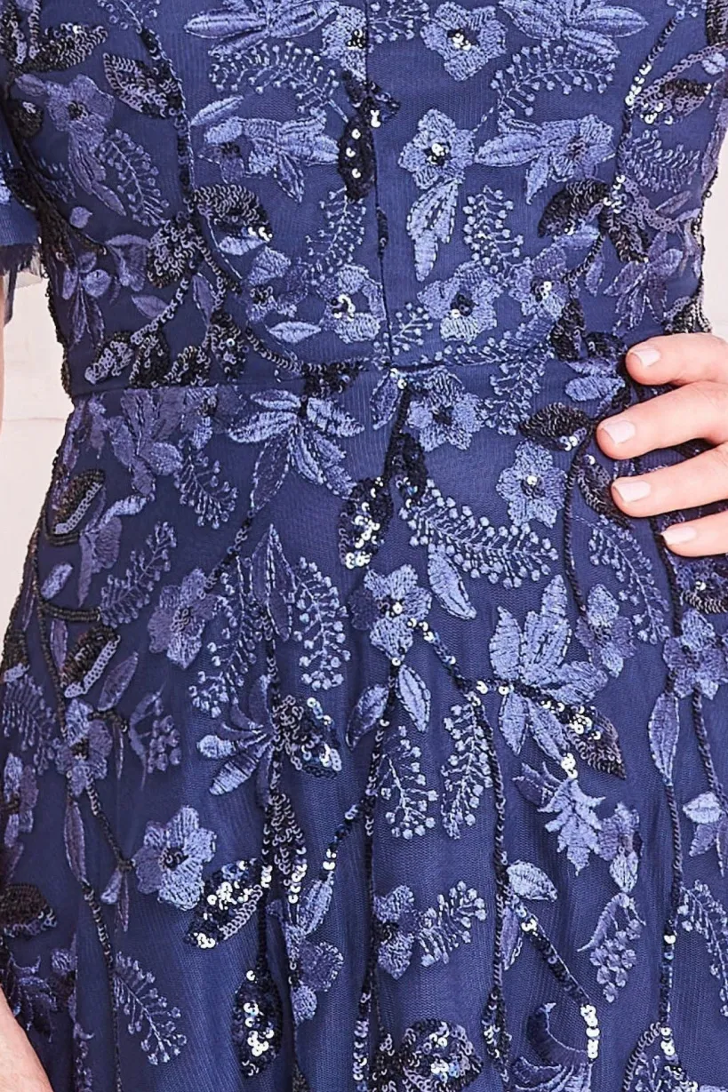 Embroidered Flared Sleeve Maxi - Navy by Goddiva