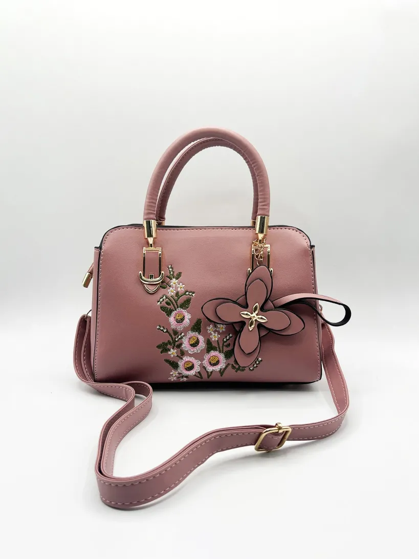 Embroidered Floral Rounded Grab Bag In Pink by SVNX