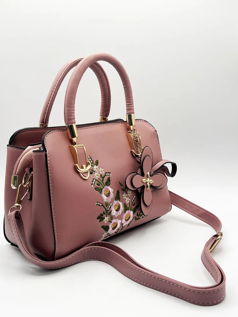 Embroidered Floral Rounded Grab Bag In Pink by SVNX